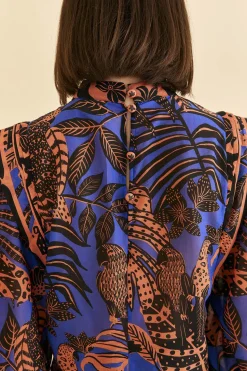 FARM Rio BLUE TROPICAL GOLD PLEATED LONG SLEEVE BLOUSE