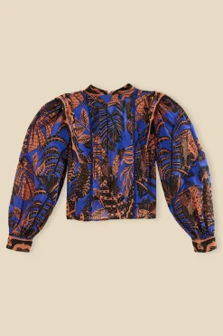 FARM Rio BLUE TROPICAL GOLD PLEATED LONG SLEEVE BLOUSE