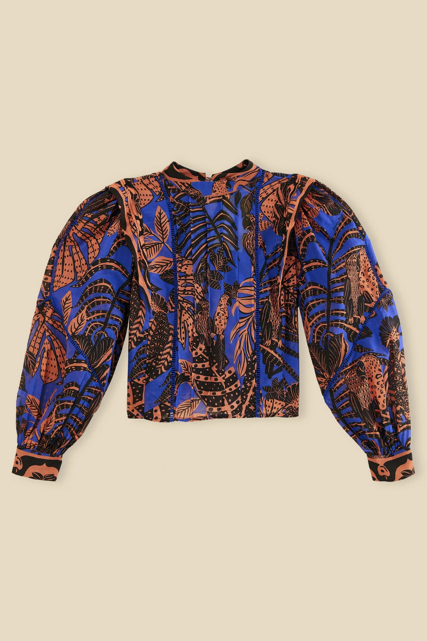 FARM Rio BLUE TROPICAL GOLD PLEATED LONG SLEEVE BLOUSE