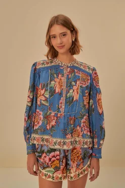 FARM Rio  BLUE WONDERFUL BOUQUET LONG SLEEVE BLOUSE