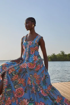 FARM Rio BLUE WONDERFUL BOUQUET SLEEVELESS MAXI DRESS