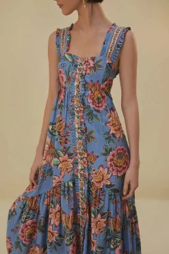 FARM Rio BLUE WONDERFUL BOUQUET SLEEVELESS MAXI DRESS