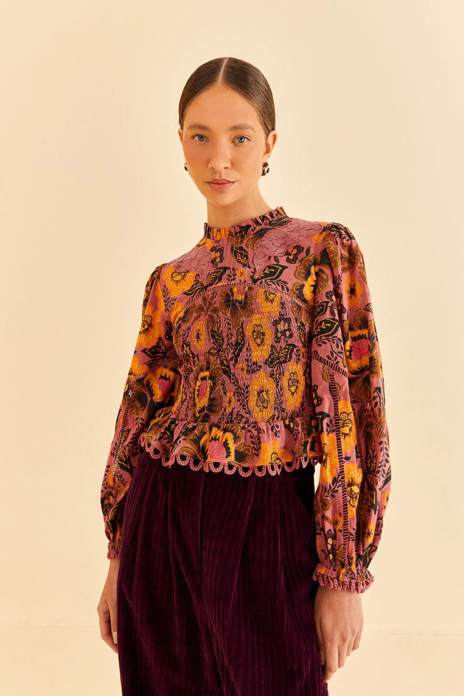 FARM Rio BLUSH GARDEN BLOOM SMOCKED BLOUSE