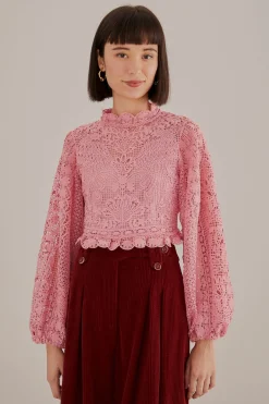 FARM Rio BLUSH PINK GUIPURE LONG SLEEVE BLOUSE