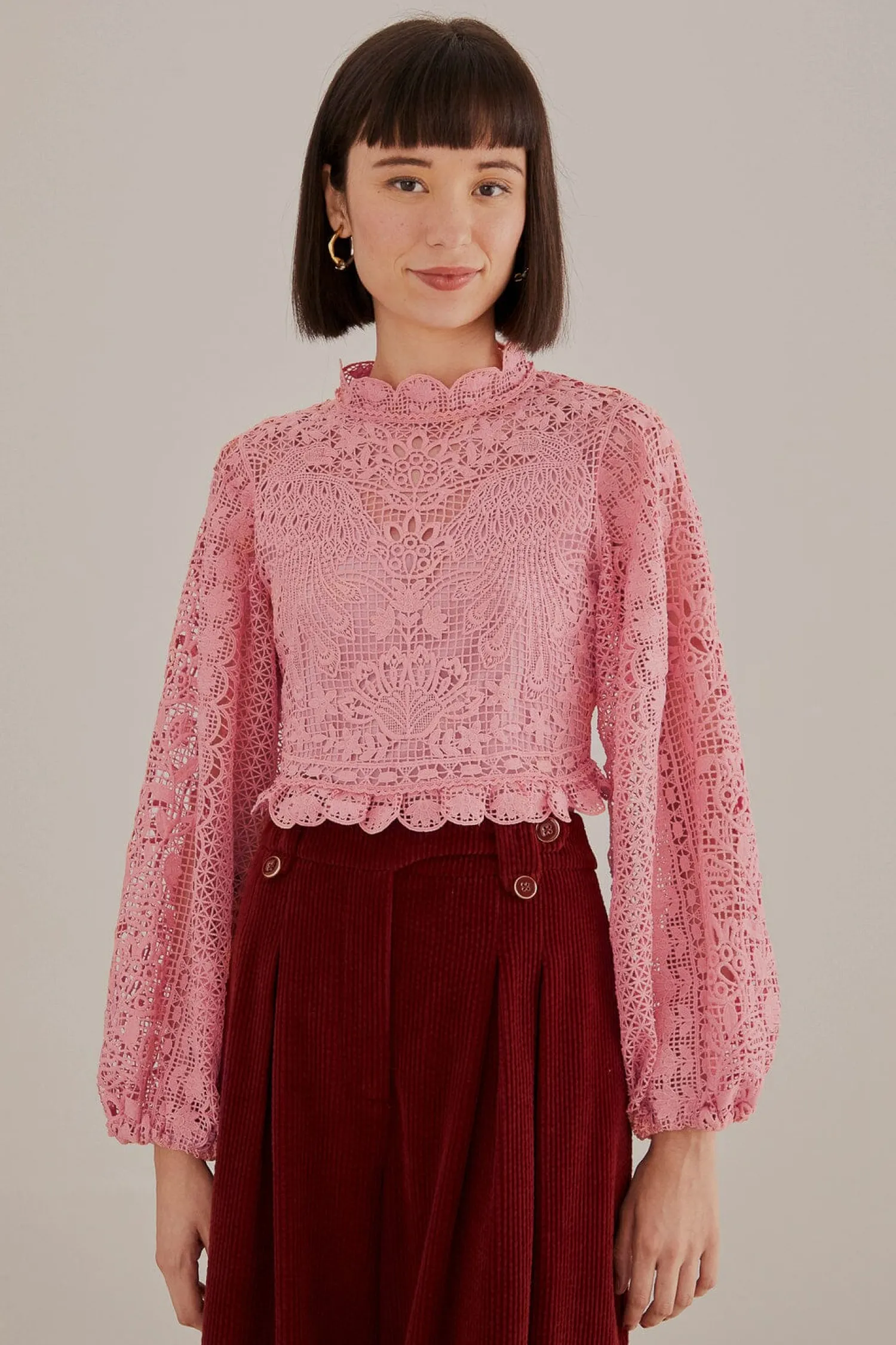 FARM Rio BLUSH PINK GUIPURE LONG SLEEVE BLOUSE
