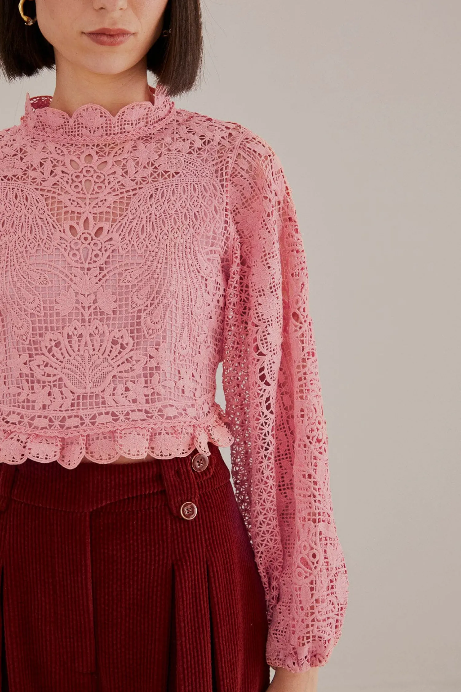 FARM Rio BLUSH PINK GUIPURE LONG SLEEVE BLOUSE