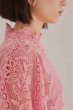 FARM Rio BLUSH PINK GUIPURE LONG SLEEVE BLOUSE