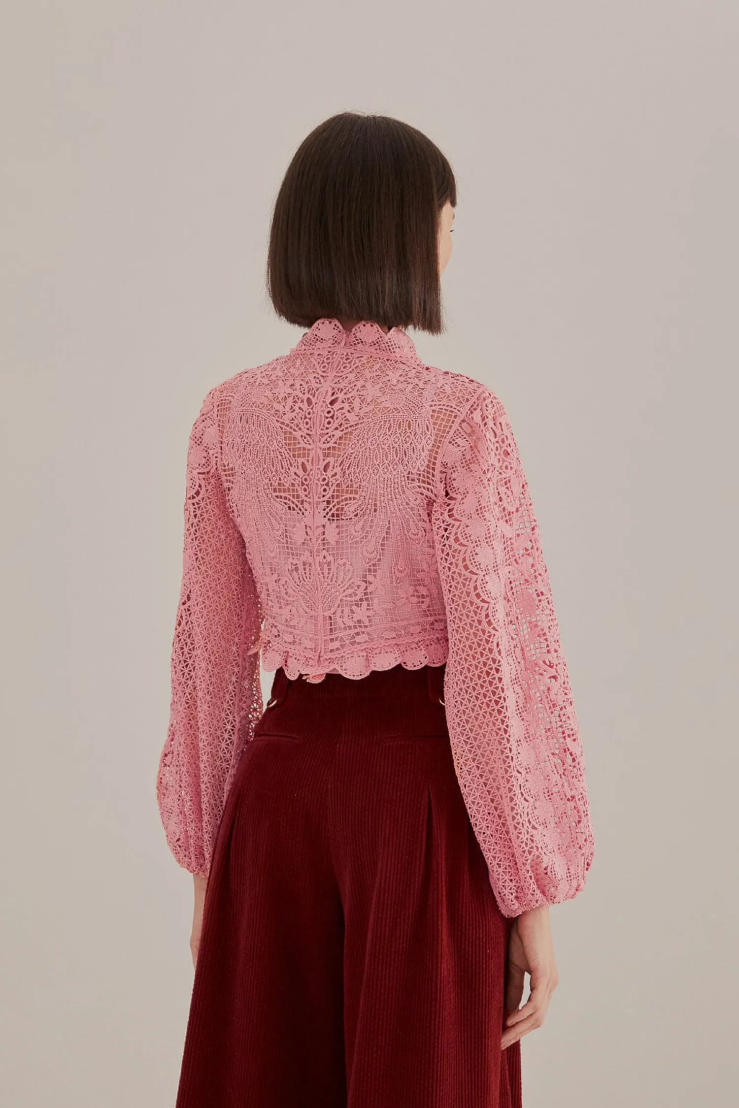 FARM Rio BLUSH PINK GUIPURE LONG SLEEVE BLOUSE