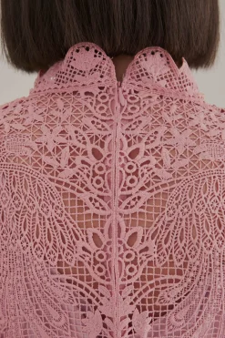 FARM Rio BLUSH PINK GUIPURE LONG SLEEVE BLOUSE