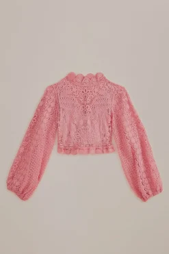 FARM Rio BLUSH PINK GUIPURE LONG SLEEVE BLOUSE