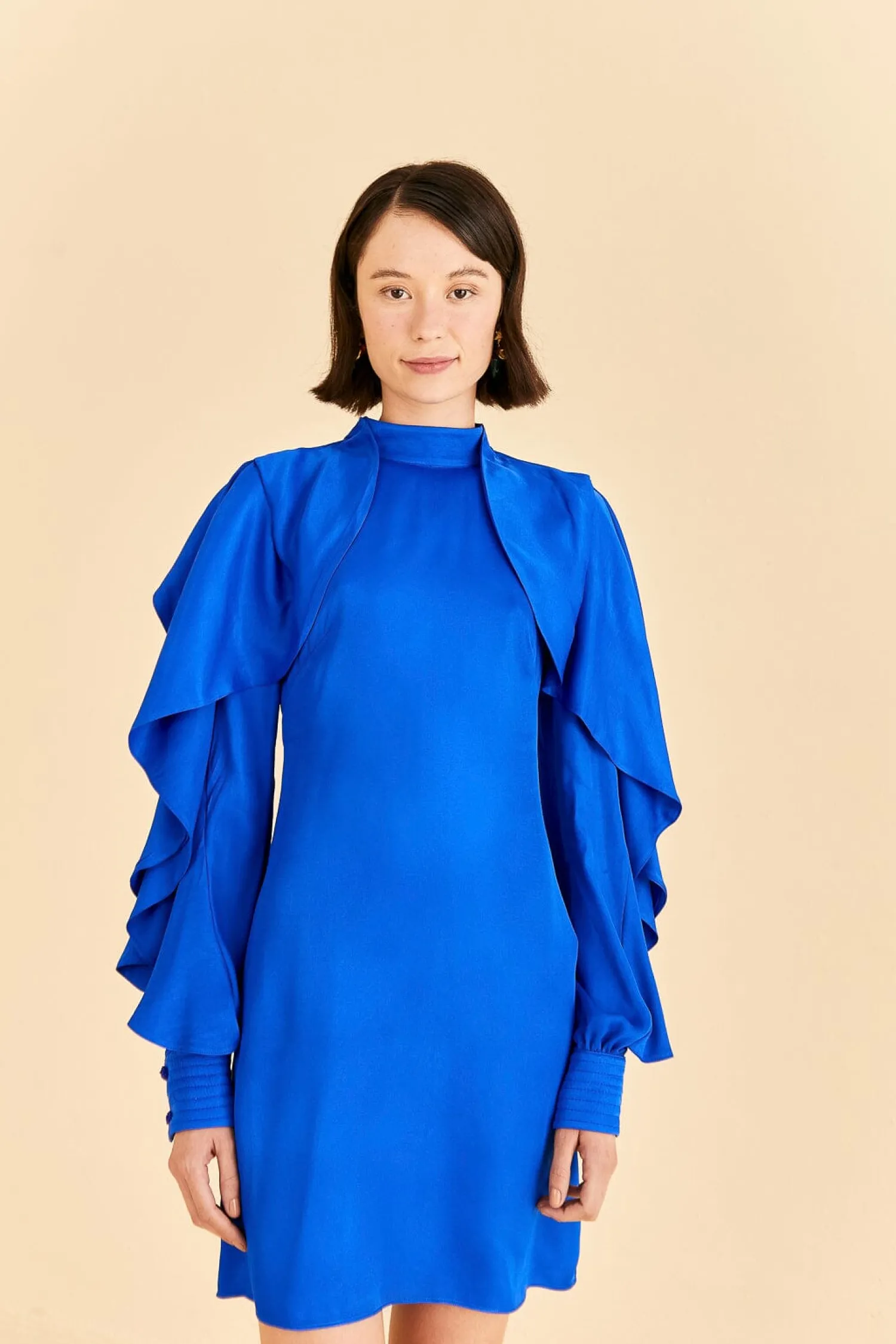 FARM Rio BRIGHT BLUE BACKLESS RUFFLE SLEEVE MINI DRESS