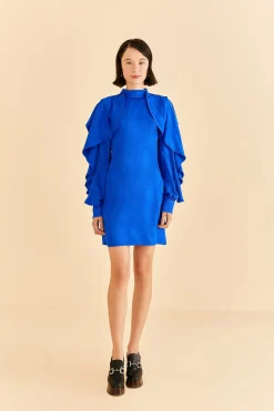 FARM Rio BRIGHT BLUE BACKLESS RUFFLE SLEEVE MINI DRESS