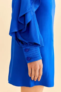 FARM Rio BRIGHT BLUE BACKLESS RUFFLE SLEEVE MINI DRESS