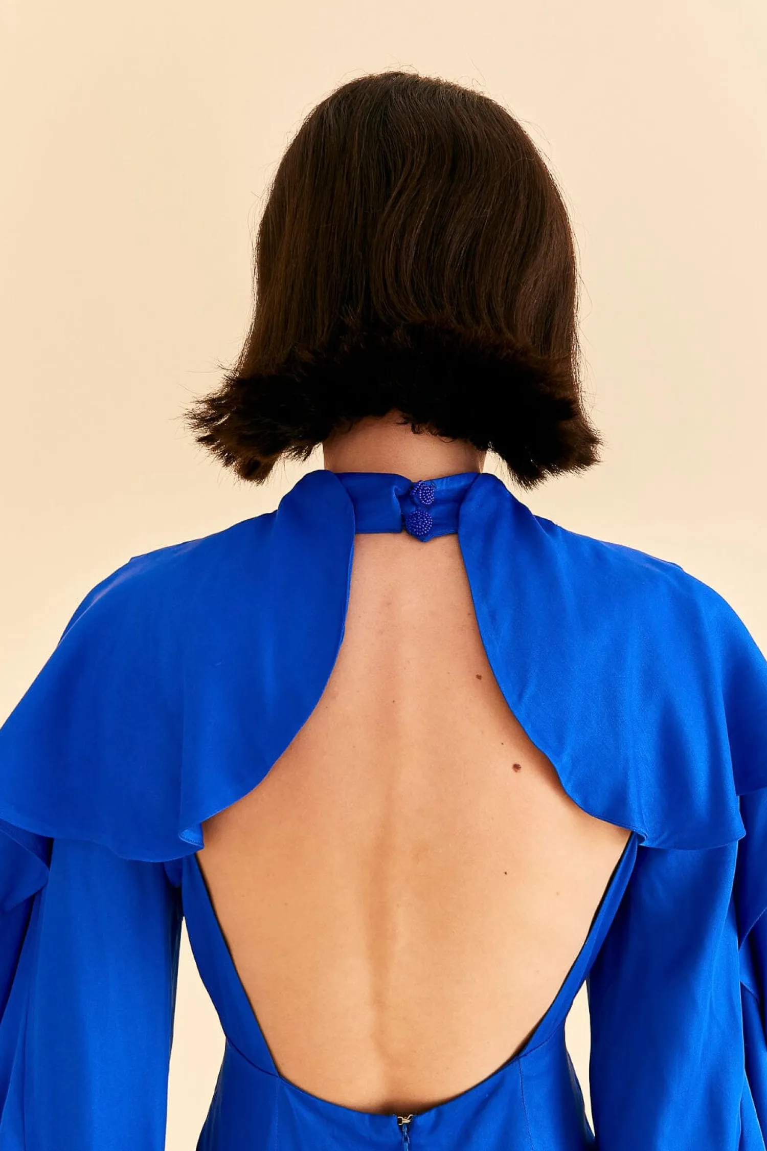 FARM Rio BRIGHT BLUE BACKLESS RUFFLE SLEEVE MINI DRESS
