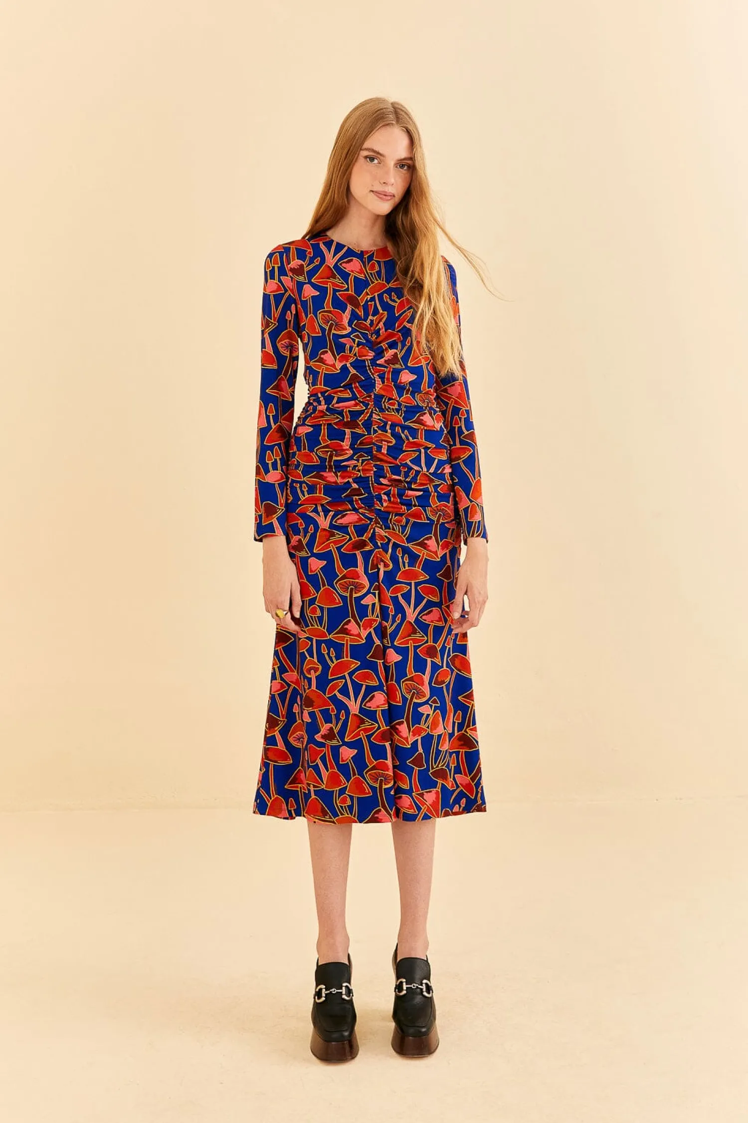 FARM Rio BRIGHT BLUE MUSHROOM SKETCH LENZING™ ECOVERO™ VISCOSE MIDI DRESS