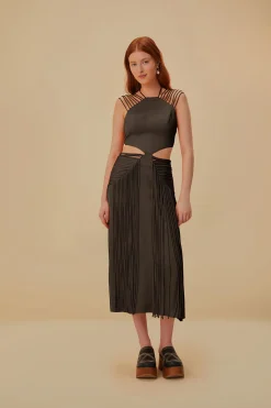 FARM Rio  BROWN FRINGED SLEEVELESS MIDI DRESS