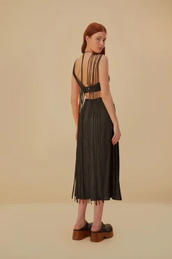 FARM Rio  BROWN FRINGED SLEEVELESS MIDI DRESS