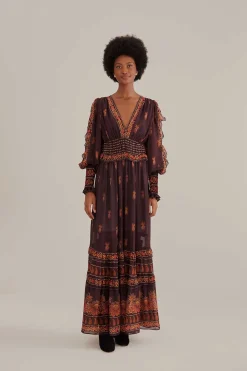 FARM Rio  BROWN PAISLEY BLOOM LONG SLEEVE MAXI DRESS