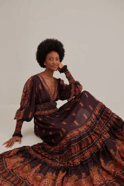 FARM Rio  BROWN PAISLEY BLOOM LONG SLEEVE MAXI DRESS