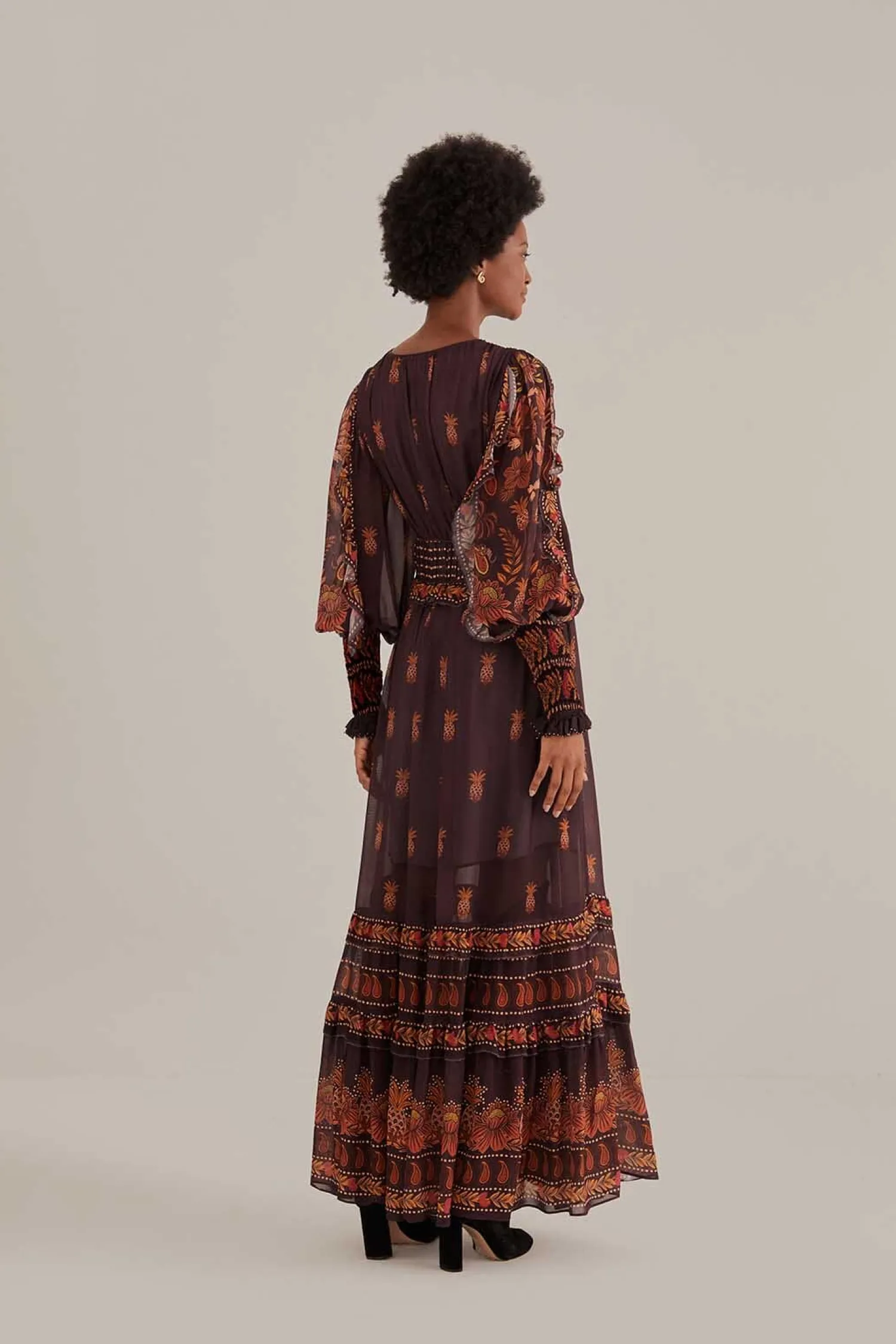 FARM Rio BROWN PAISLEY BLOOM LONG SLEEVE MAXI DRESS
