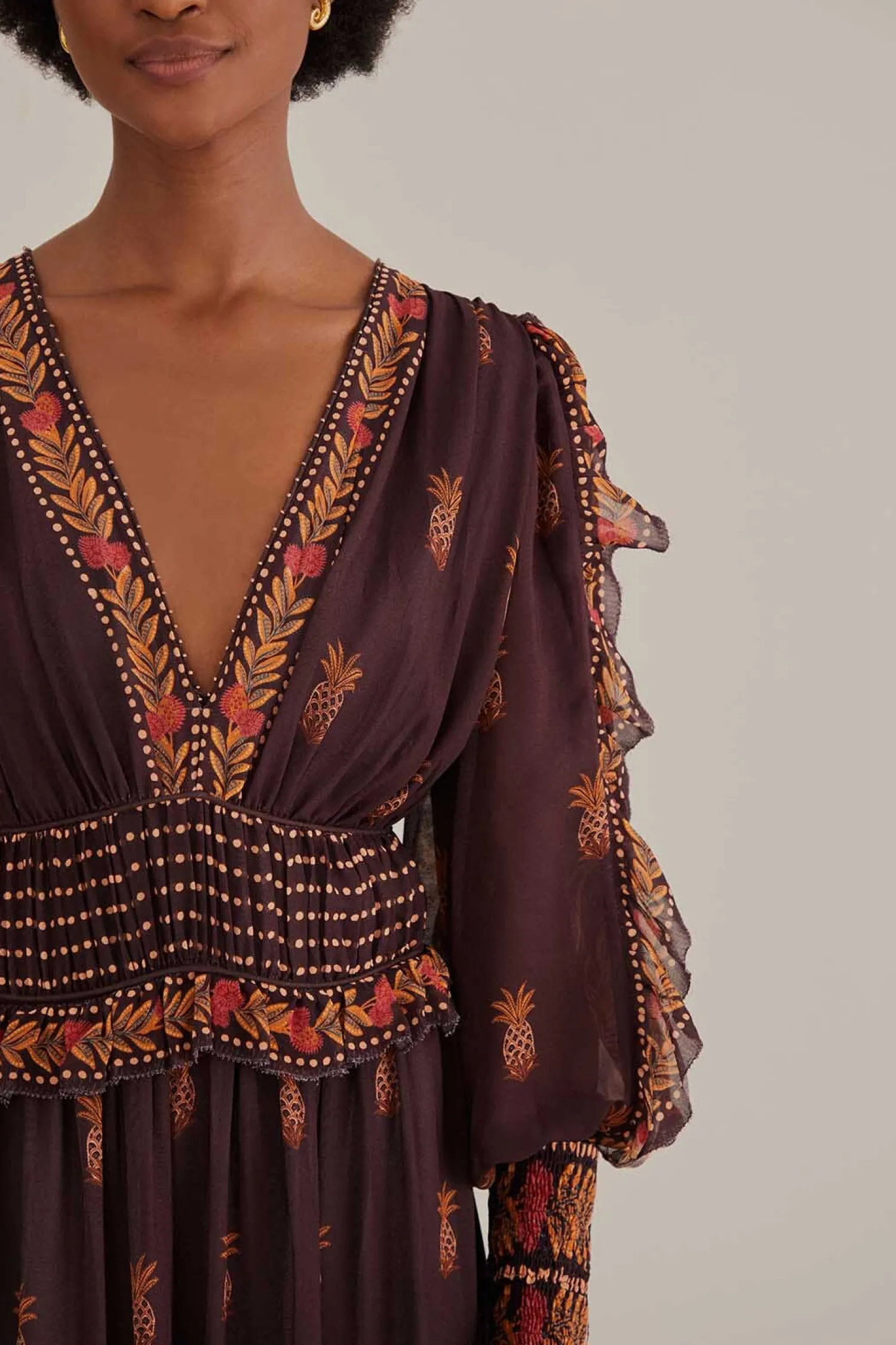 FARM Rio BROWN PAISLEY BLOOM LONG SLEEVE MAXI DRESS