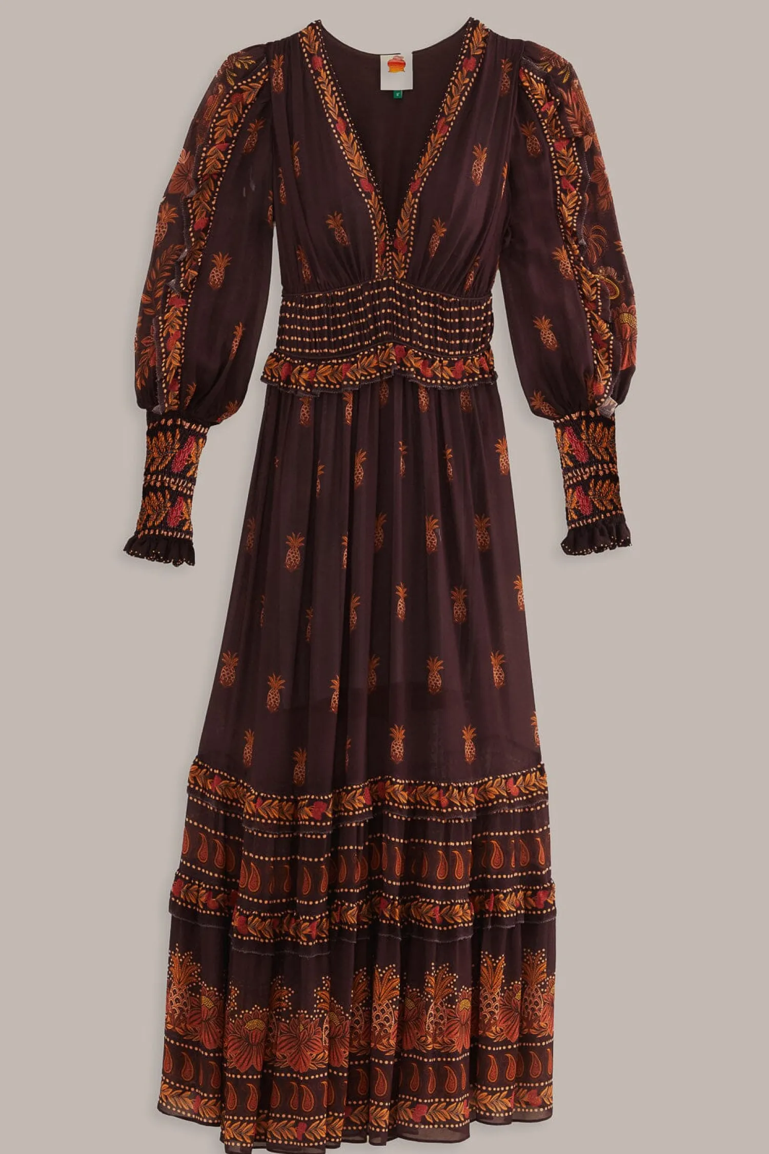 FARM Rio BROWN PAISLEY BLOOM LONG SLEEVE MAXI DRESS