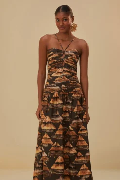FARM Rio  BROWN SHUHU MAXI DRESS SLEEVELESS