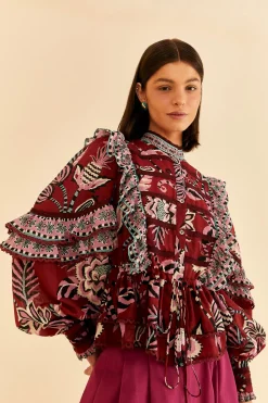 FARM Rio  BURGUNDY PINEAPPLE INSPIRATION RUFFLE BLOUSE