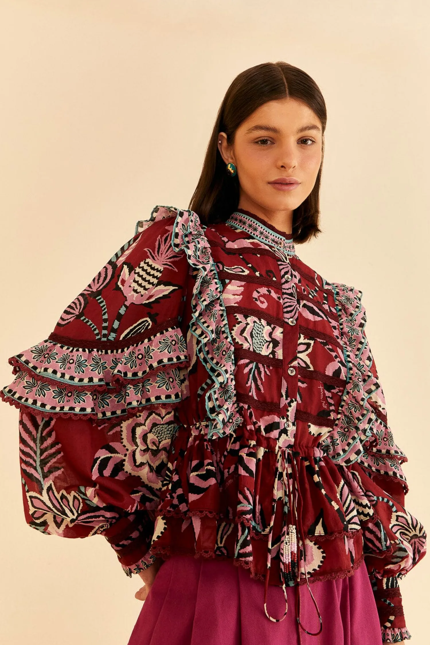 FARM Rio BURGUNDY PINEAPPLE INSPIRATION RUFFLE BLOUSE