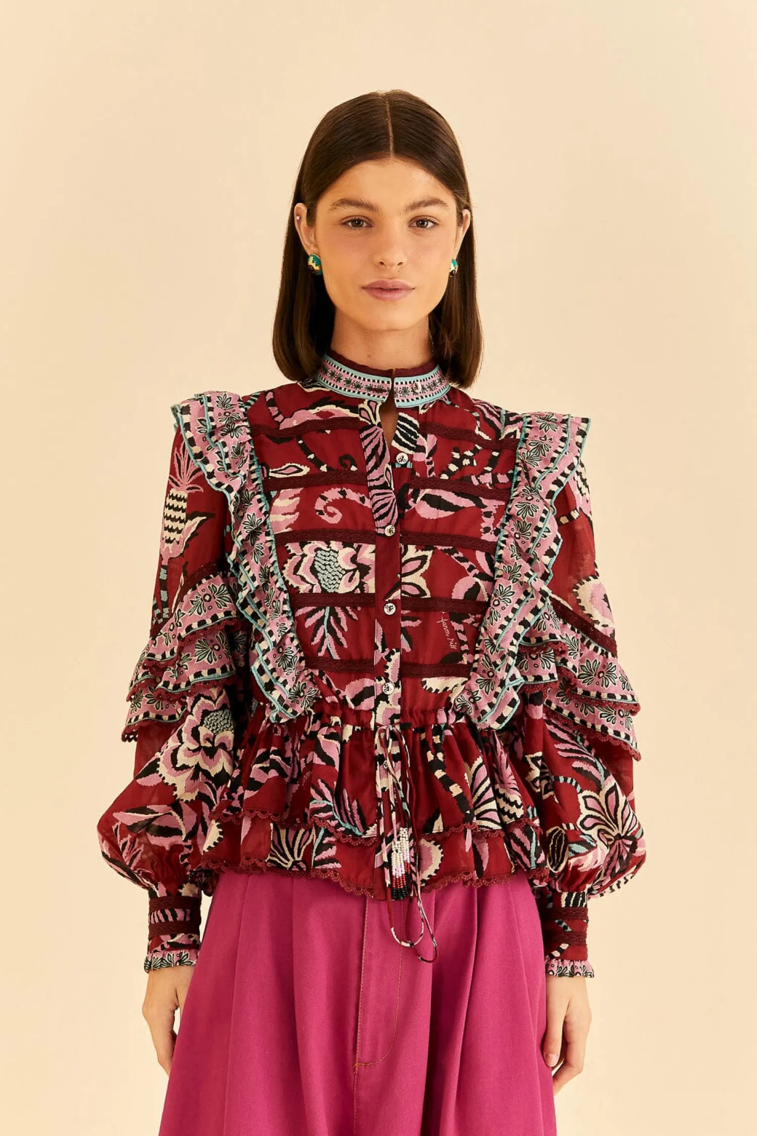 FARM Rio BURGUNDY PINEAPPLE INSPIRATION RUFFLE BLOUSE