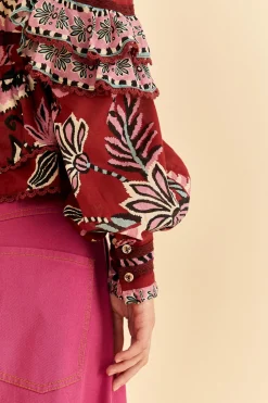 FARM Rio BURGUNDY PINEAPPLE INSPIRATION RUFFLE BLOUSE