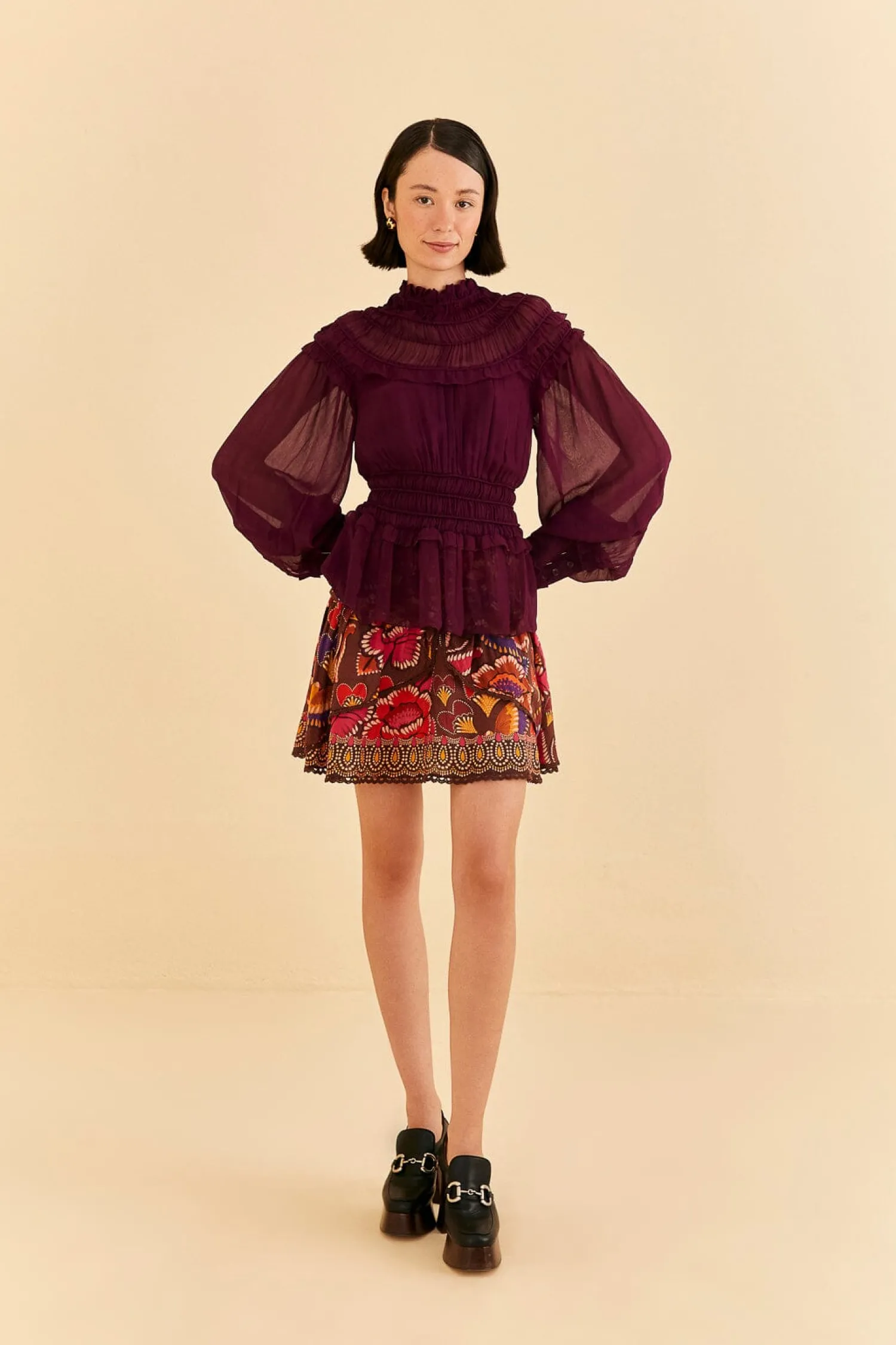 FARM Rio BURGUNDY RUFFLE HIGH NECK BLOUSE