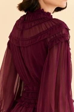 FARM Rio BURGUNDY RUFFLE HIGH NECK BLOUSE
