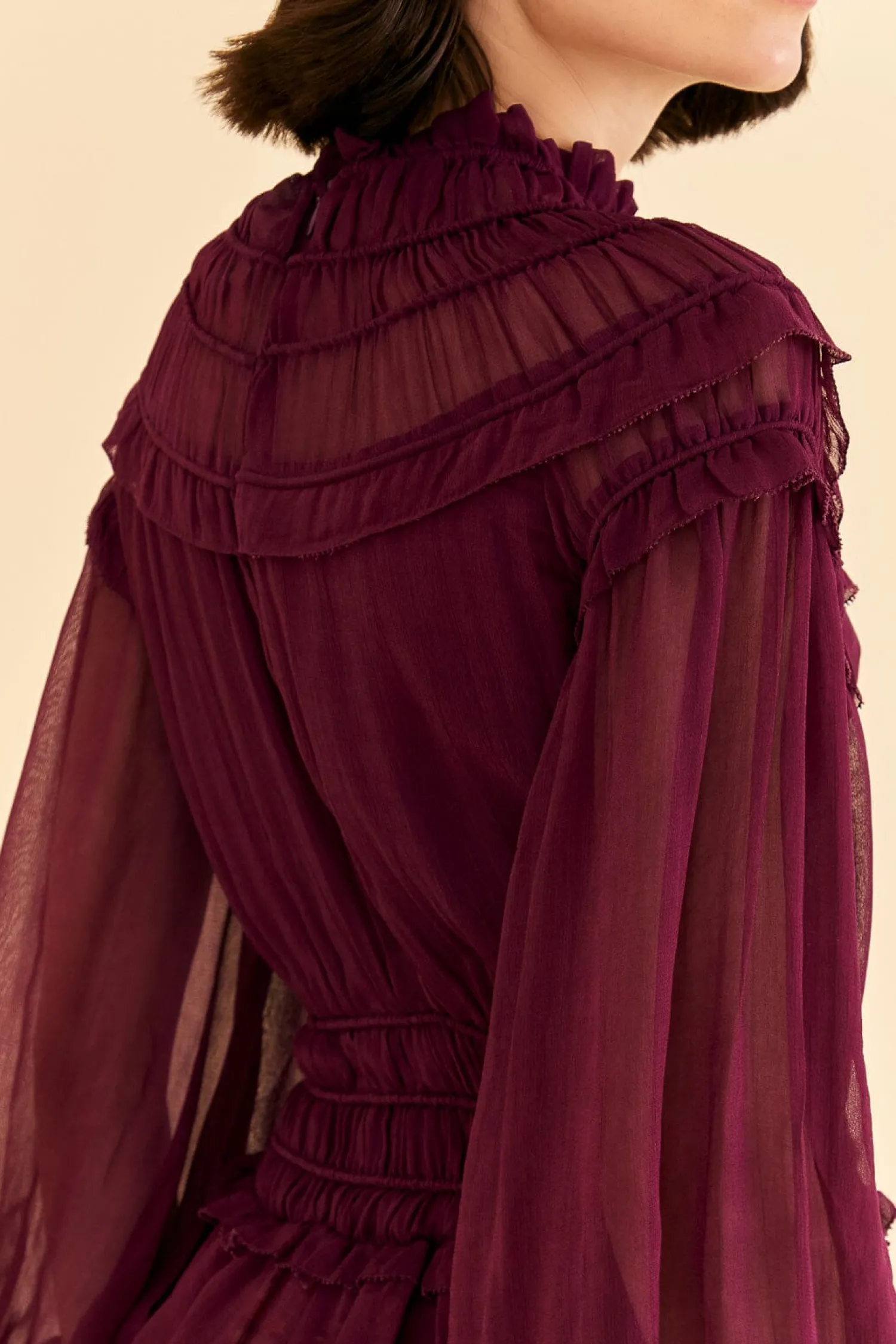 FARM Rio BURGUNDY RUFFLE HIGH NECK BLOUSE