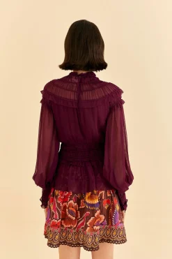 FARM Rio BURGUNDY RUFFLE HIGH NECK BLOUSE