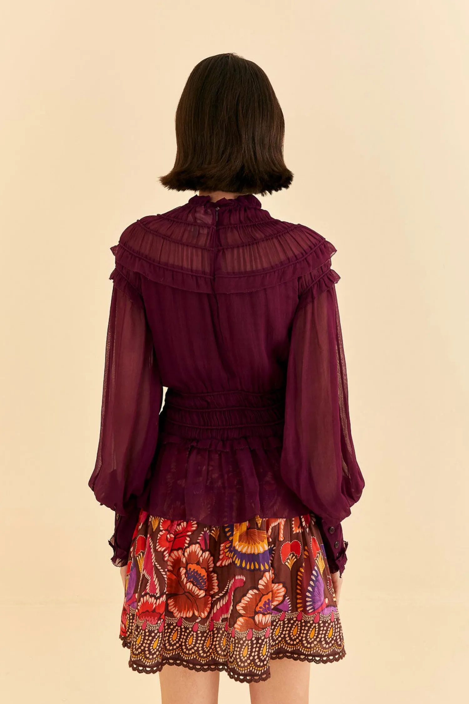 FARM Rio BURGUNDY RUFFLE HIGH NECK BLOUSE