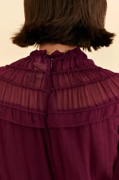 FARM Rio BURGUNDY RUFFLE HIGH NECK BLOUSE