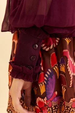 FARM Rio BURGUNDY RUFFLE HIGH NECK BLOUSE