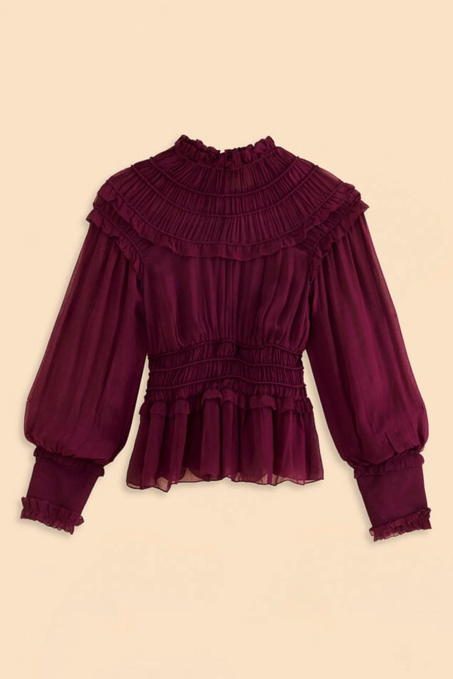 FARM Rio BURGUNDY RUFFLE HIGH NECK BLOUSE