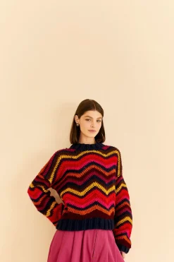 FARM Rio COLORFUL WAVES CROCHET HIGH NECK SWEATER