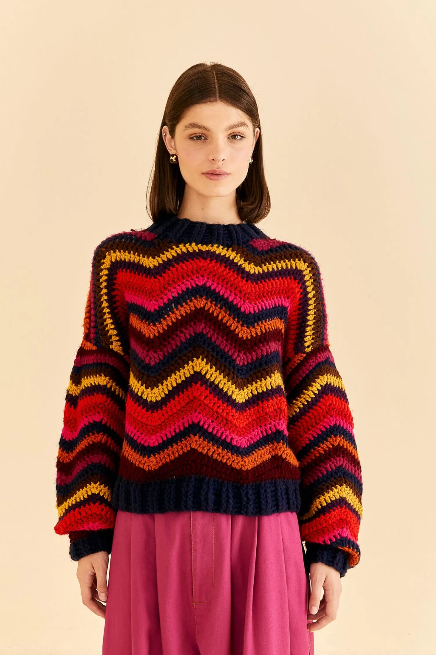 FARM Rio COLORFUL WAVES CROCHET HIGH NECK SWEATER