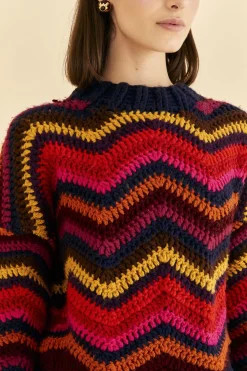 FARM Rio COLORFUL WAVES CROCHET HIGH NECK SWEATER