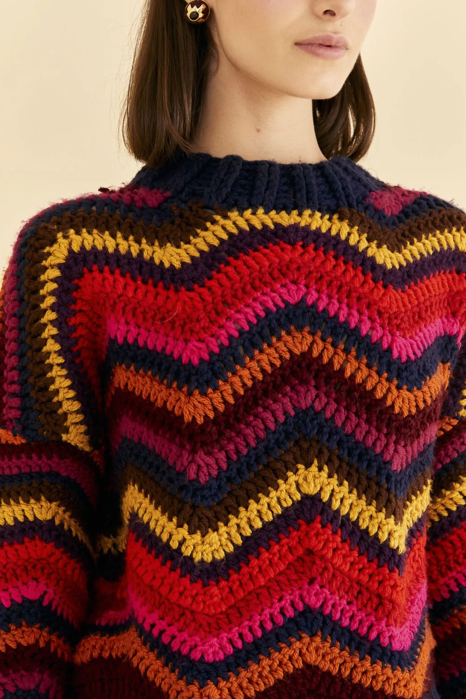 FARM Rio COLORFUL WAVES CROCHET HIGH NECK SWEATER