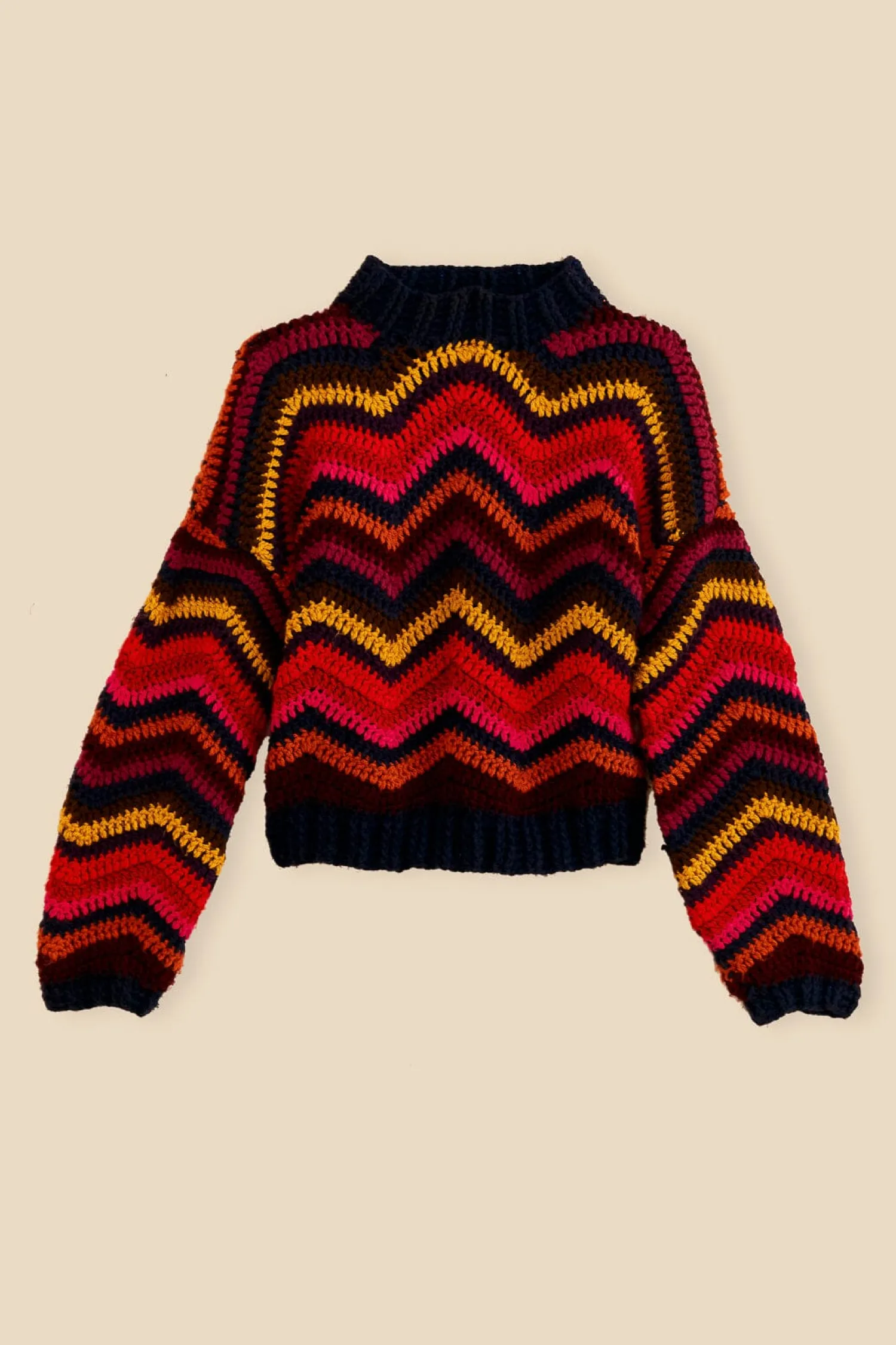 FARM Rio COLORFUL WAVES CROCHET HIGH NECK SWEATER