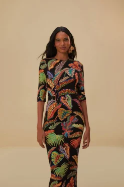 FARM Rio  COOL FOLIAGE BLACK JERSEY MIDI DRESS