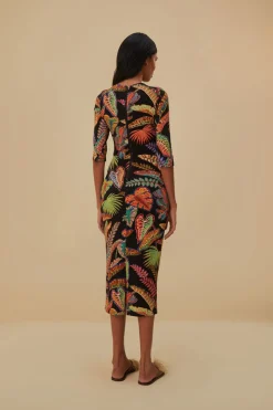 FARM Rio  COOL FOLIAGE BLACK JERSEY MIDI DRESS