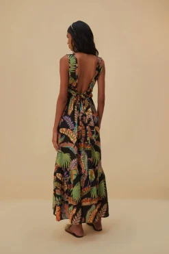 FARM Rio  COOL FOLIAGE BLACK SLEEVELESS MAXI DRESS