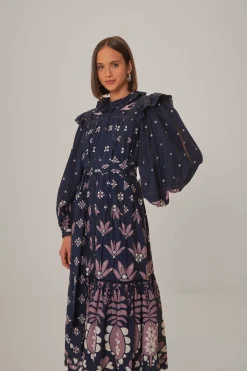 FARM Rio DARK BLUE AINIKA MARTINA LONG SLEEVE MIDI DRESS