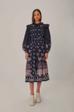 FARM Rio  DARK BLUE AINIKA MARTINA LONG SLEEVE MIDI DRESS