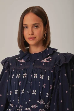 FARM Rio DARK BLUE AINIKA MARTINA LONG SLEEVE MIDI DRESS
